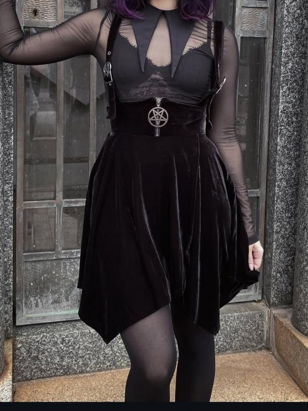 Black Velvet Suspender Skirt with Pentagram Buckle